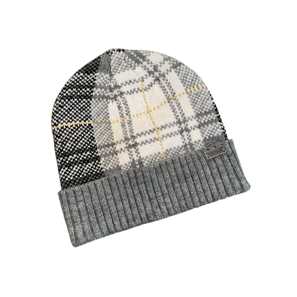 Igloos Plaid Knit Beanie Hat Mens Gray White Black Ribbed Cuff Winter Cap